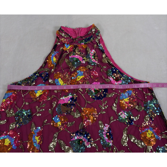 Amylynn Floral Sequined Mini Dress Size Large Pink w/Feather Trim Bnft Charity - Picture 4 of 12